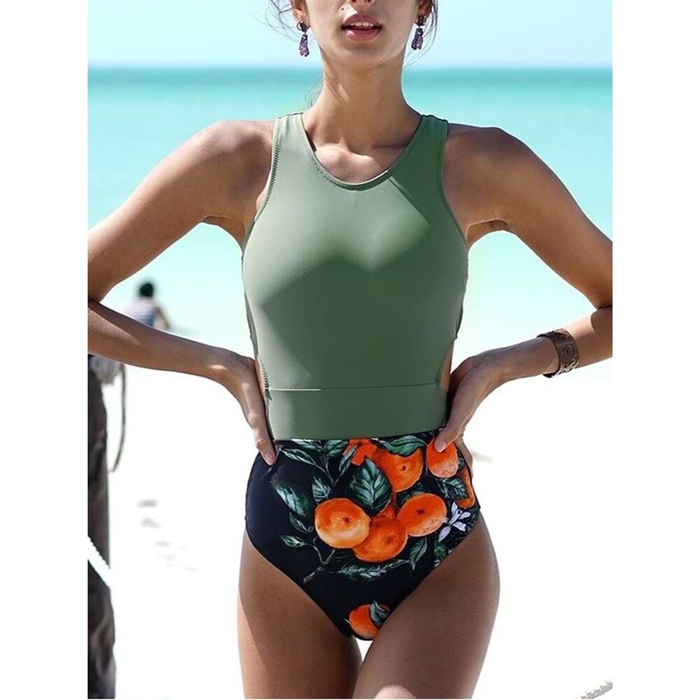 NWT Cupshe Miss U Citrus Print Cutout One Piece Swimsuit Zip Back Tie Waist Sz M